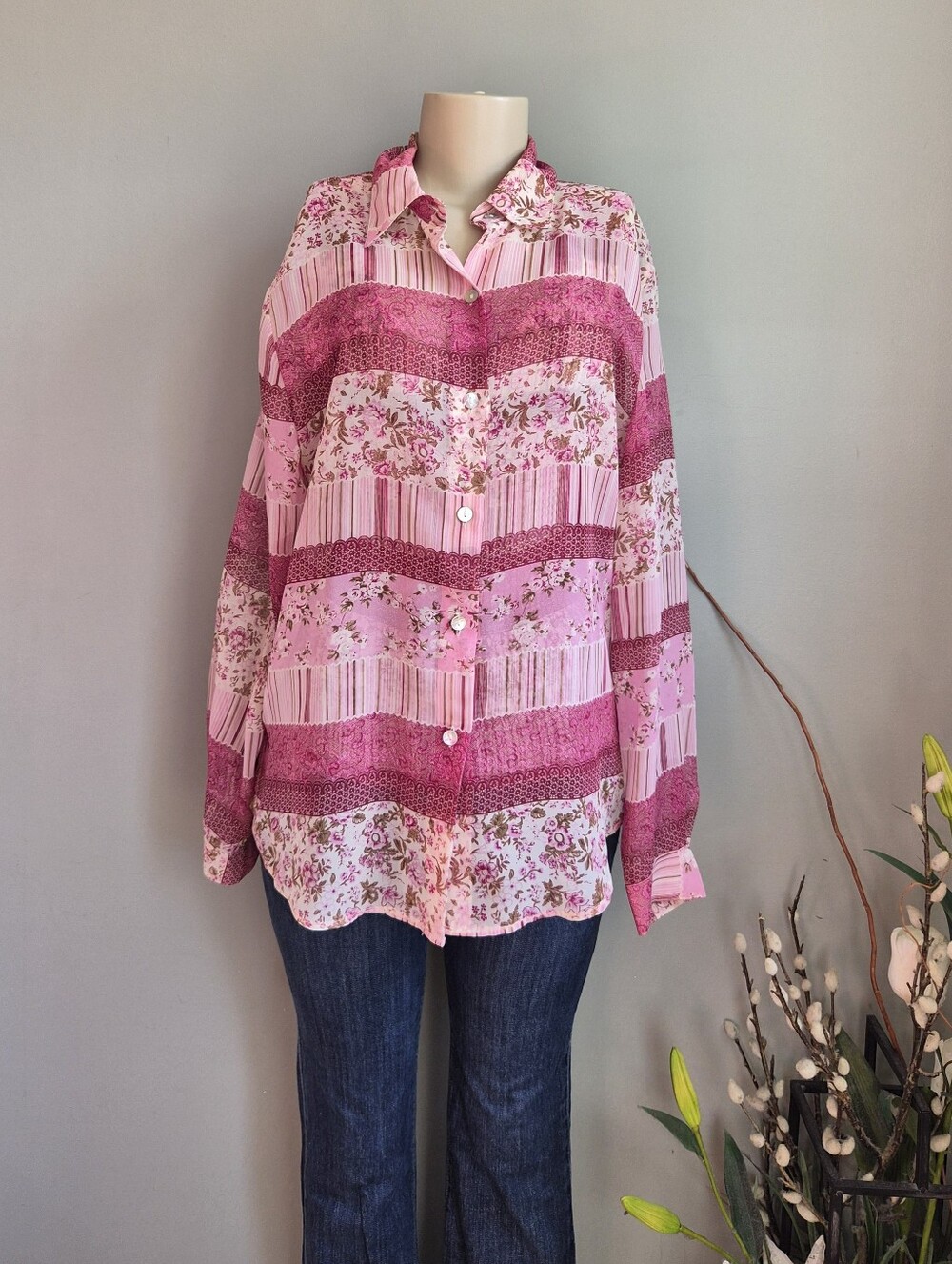 Vintage Women's Pink Floral Stripe Button-Up Blouse Size L